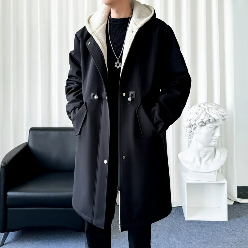 

Мужской черный тренчкот из овчины до колен, с уникальными немецкими пуговицами, в этническом стиле, с отражающими элементами, для торжественных мероприятий, цвет кофе, Py Cool