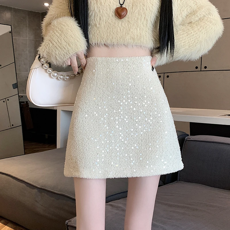 Woolen Sequined Mini Skirt Women High Waist Slim Hip Wrap Skirt Sparkling A-line Short Pants Skirt Spring Autumn Skirt