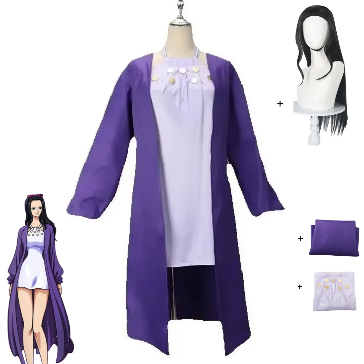 

Costume de Cosplay Anime Nico Robin, manteau violet Miss Allsunday, robe à bretelles châle, perruque pour femme adulte, Costume