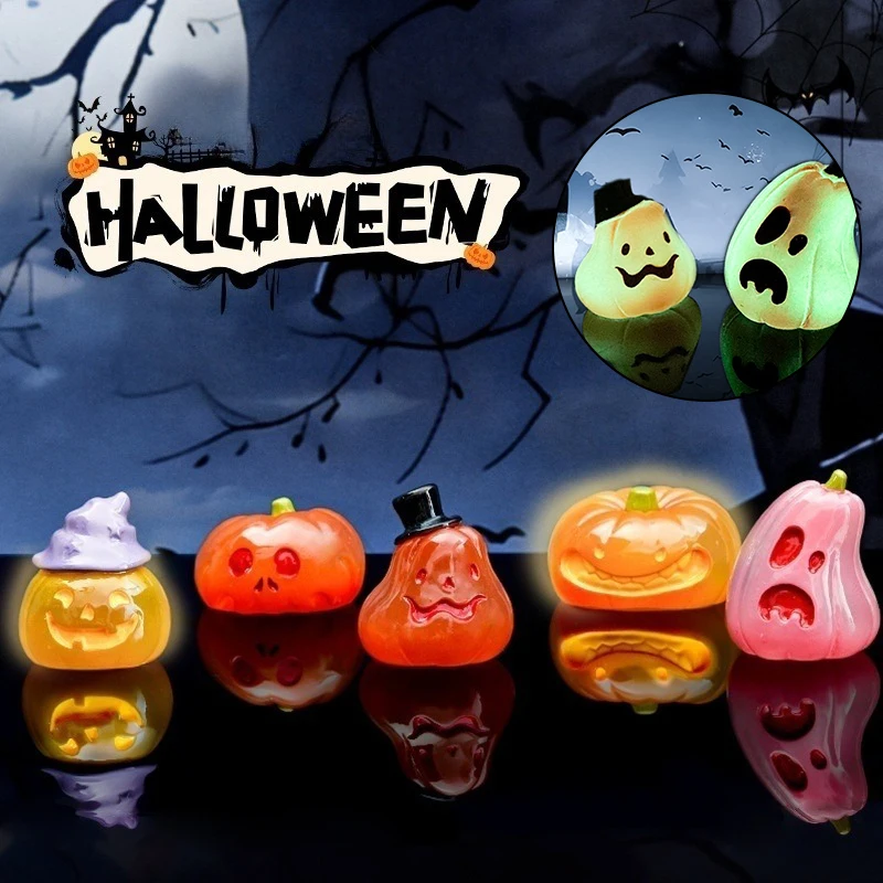 Mini Luminous Halloween Ornament Cartoon Pumpkin Skull Ghost Figurine Micro Landscape Car Interior Home Desktop Decoration