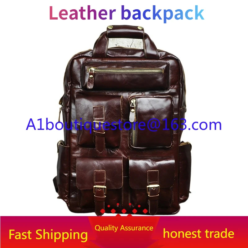 Leather backpack men's first layer cowhide retro fashion outdoor travel large-capacity schoolbag