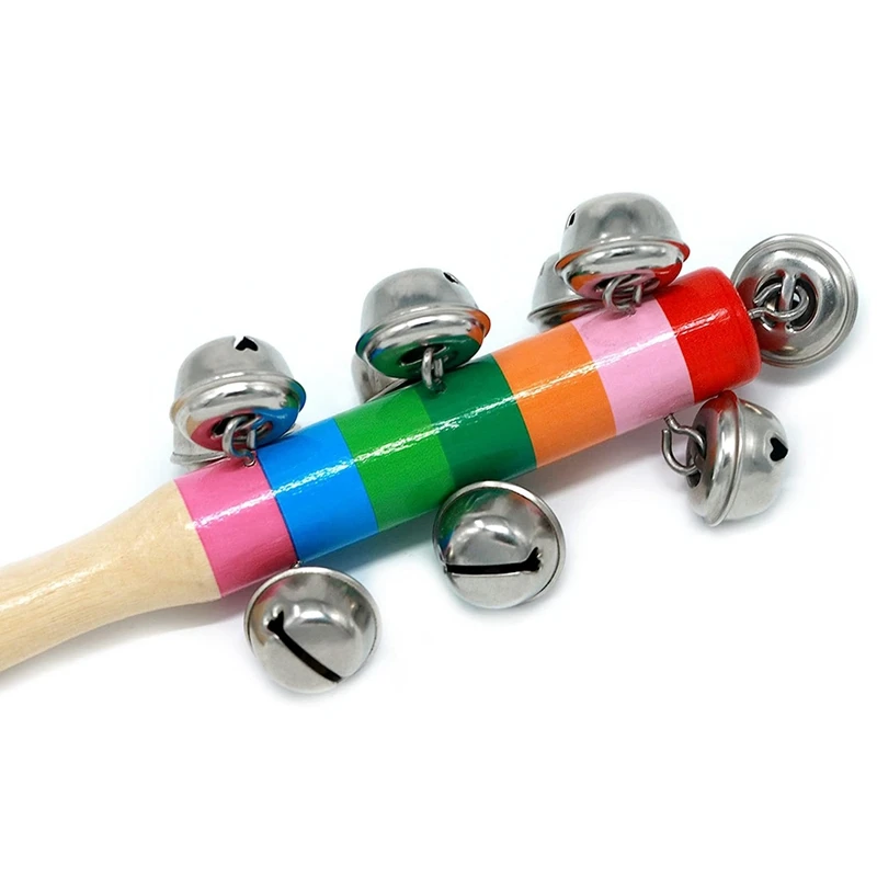 4 campanelle a mano, campanelle in legno con manico arcobaleno, jingle stick, shaker, sonaglio, per bambini, bambini, musicali