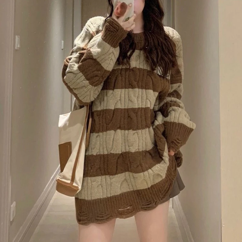 

Striped Twist Ripped Pullover Sweater Women's Autumn and Winter Loose Lazy Wind Long Crew Neck Knitted Sweater