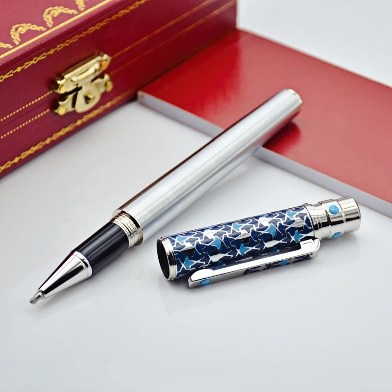 AAA Luxury Santos Series Ct Metal Rollerball Pen Silver And Blue Special Design Office Writing Ballpoint Pens With Serial Number