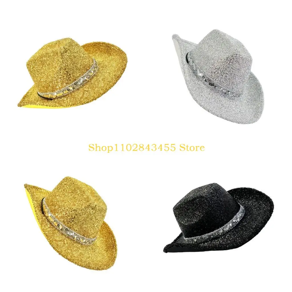 

49MC Glitter Powder Wide Brims Cowboy Hats Soft Breathable Sparkling Western Hat For Women Teens Vacation and Daily Outfit