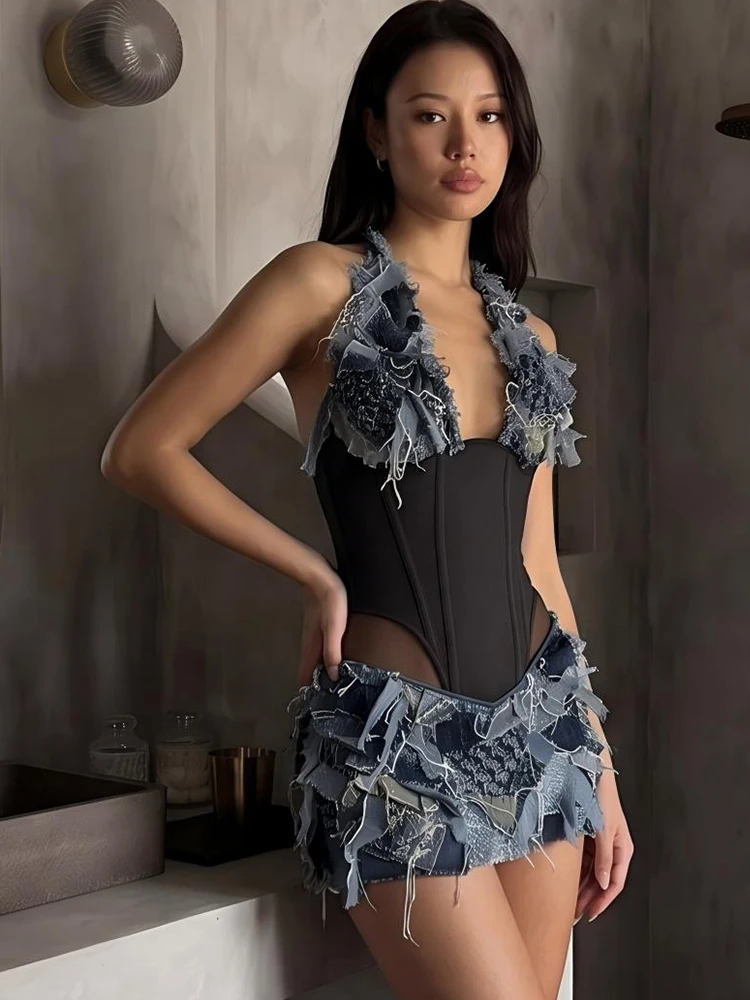 Weird Puss Mesh-Quasten-Dekoration Mini-Kleid Damen Sommer-Trend Neckholder Tiefer Ausschnitt Rückenfrei Ärmellos Tailliert Mode Bodycon – Detail 14