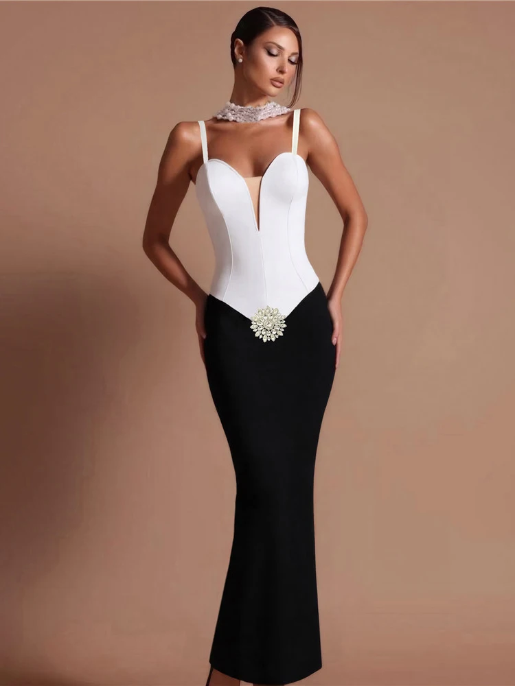

Sexy Spaghetti Strap V Neck Diamonds Bandage Dress Women Black White Patchwork Sleeveless Bodycon Long Dresses Party Evening