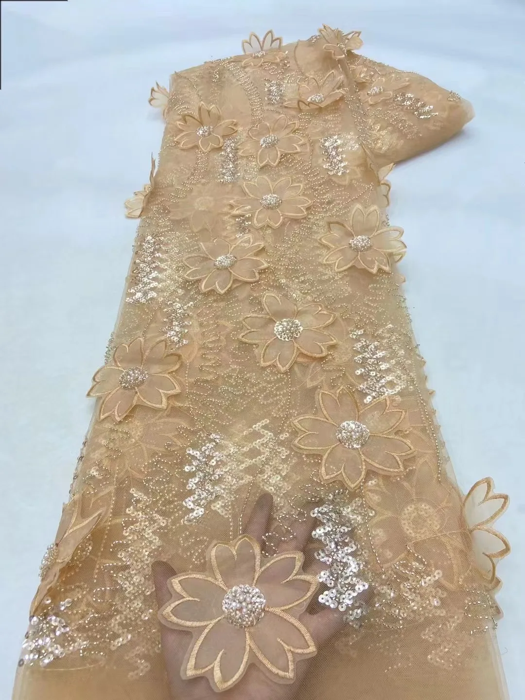 

3D Flower African Lace Fabric 2024 High Quality Lace Material Nigerian French Glue Sequins Fabrics Tulle Lace For Dress