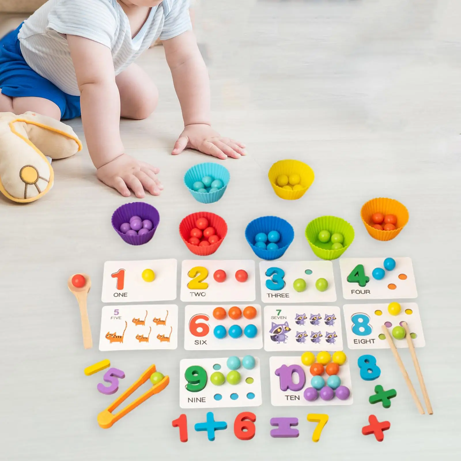 Clip Bead Game Fine Motor Skill Numer Cognition Animal Learning Montessori Wooden Rainbow Balls in Cups for Primary Preschool