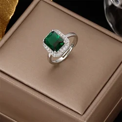 Elegant Sparkling Emerald Open Zircon Ring for Women Adjustable Luxury Silver Color Inlaid Square Green Pink Zircon Rings