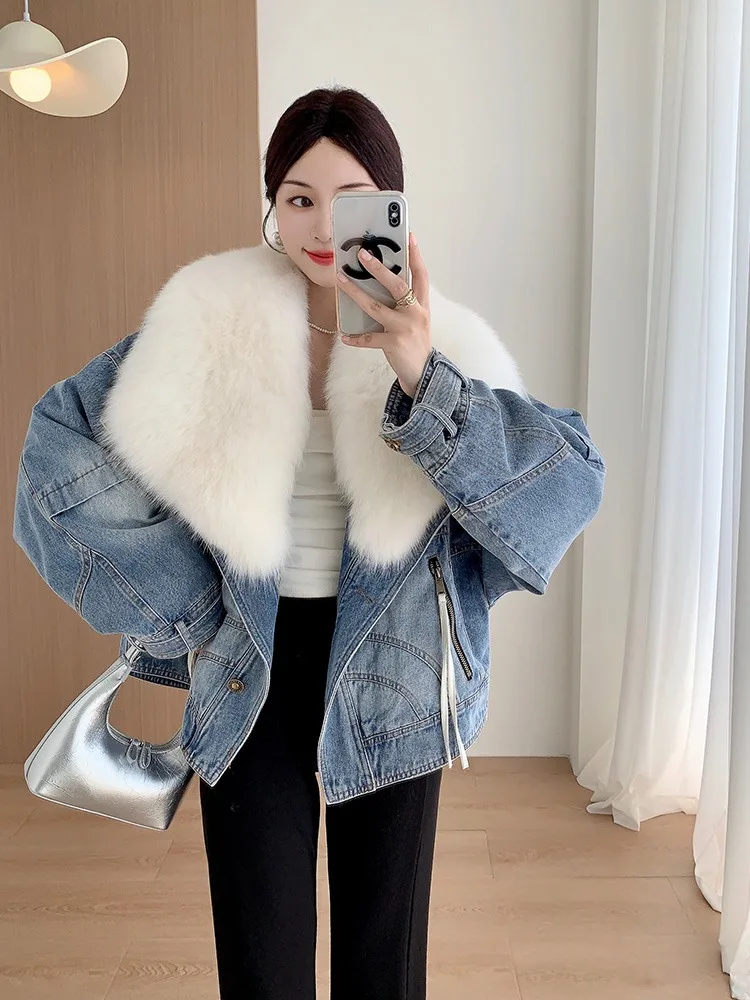 2024 Winter Women\'s Denim White Duck Down Coats With Natural Real Fox Fur Collar Outwear Luxury Female Jacket