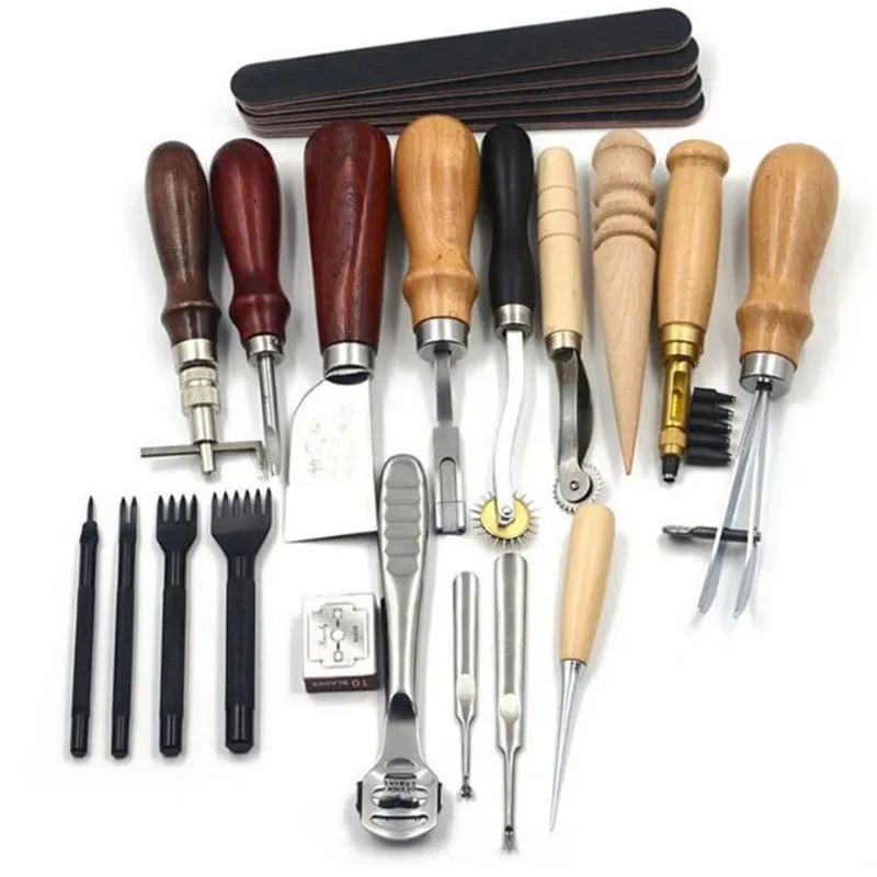 18Pcs Leather Craft Punch Tools Kit SET Stitching Carving Working Sewing Saddle Groover leather craft tools set