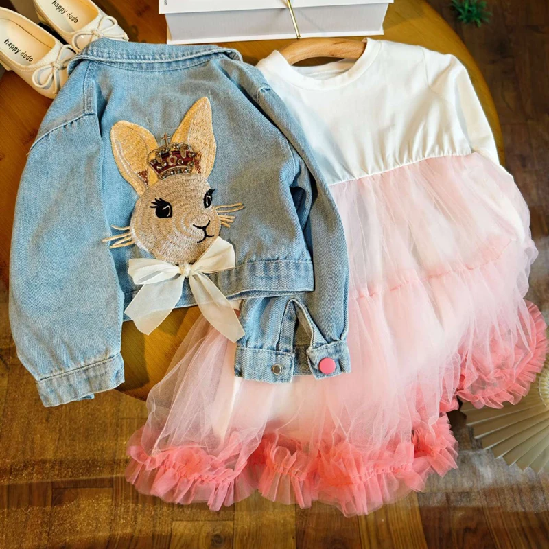 3 4 5 6 8 Years Girls Clothing Set Spring Autumn Cute Cartoon Rabbit Denim Coat+Mesh Princess Dress 2Pcs For Kids Fashion Outfit