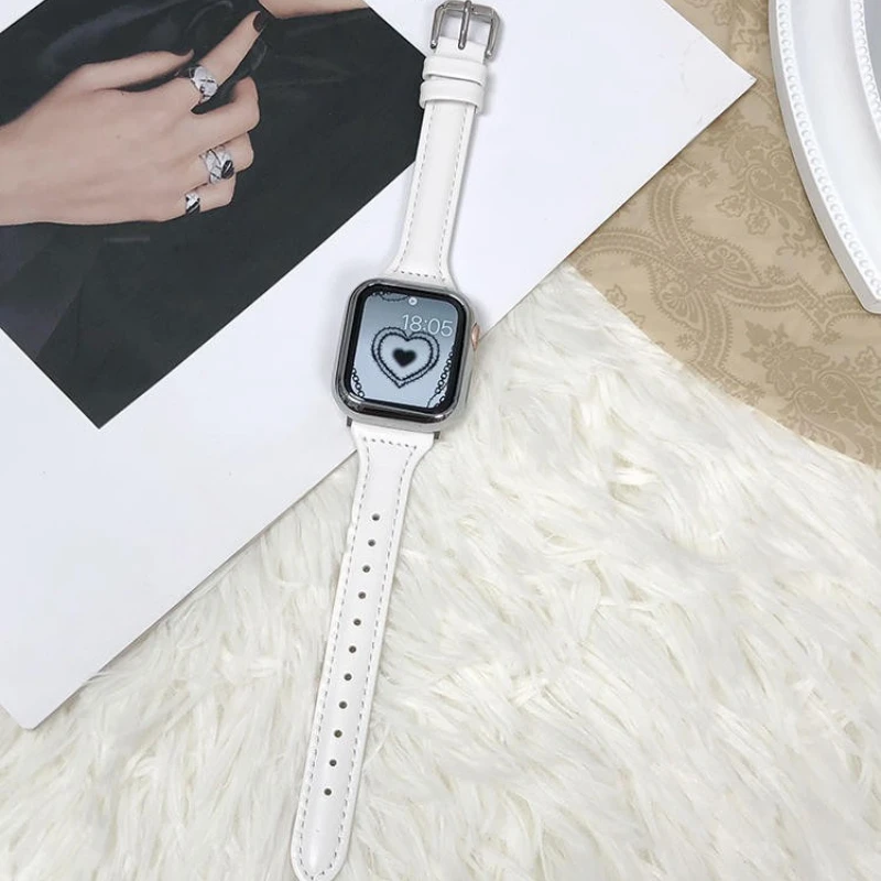 Correa de cuero delgada para Apple Watch 10 46mm 42 44 40 38 45 41mm ultra 2 49mm pulsera iWatch serie 10 9 8 7 6 SE 5 4 Correa