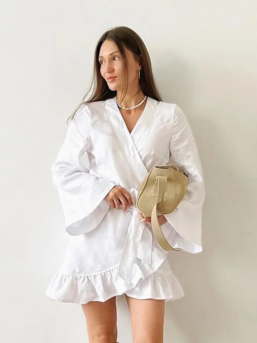 

Marthaqiqi Cotton Female Nightwear Long Sleeve Robe V-Neck Sleepwear Lace Up Nightgowns Mini Dress Casual Women'S Pajamas Winter