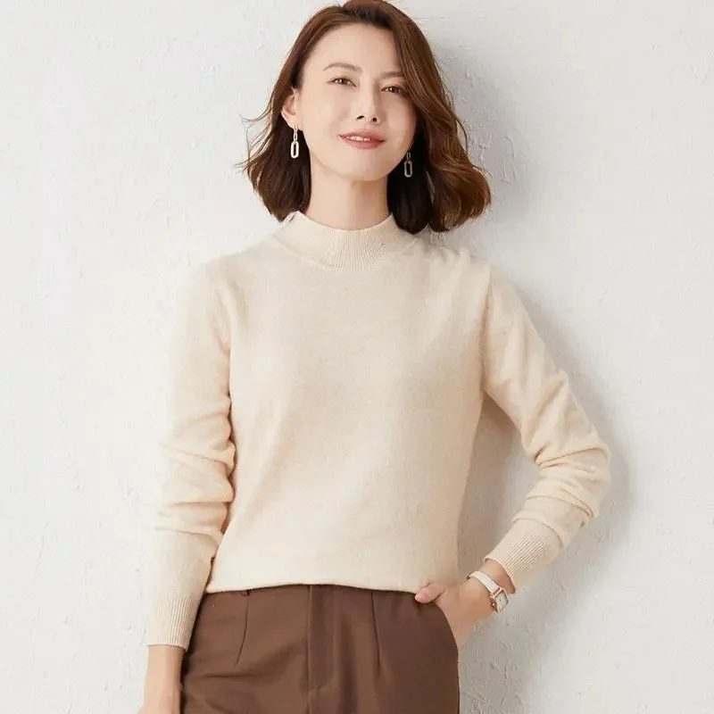 2023 New Solid Mock Neck 100%Wool Cashmere Sweater Female Autumn Winter Loose Sweater Knitted Wool Bottoming Shirt Casual