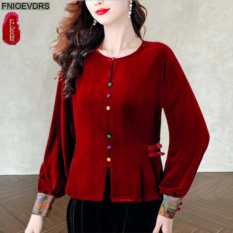 

Новые красные бархатные блузки и топы 2026 года: весенняя мода, женские элегантные рубашки с длинным рукавом, французский пэчворк, вышивка, ретро-винтаж