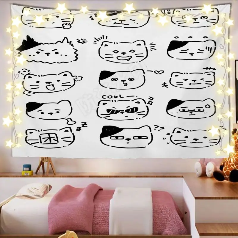 VIKAMA Cat Faces Sketch Doodle Art Horizontal Tapestry Wall Hanging for Apartment Cozy Aesthetic Elegant Stylish Home Decor