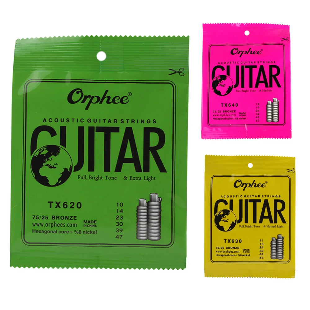 Orphee-cuerda de guitarra acústica, núcleo Hexagonal + 8% níquel completo, tono brillante de bronce y Extra ligero, Extra ligero, medio, 6 unids/set