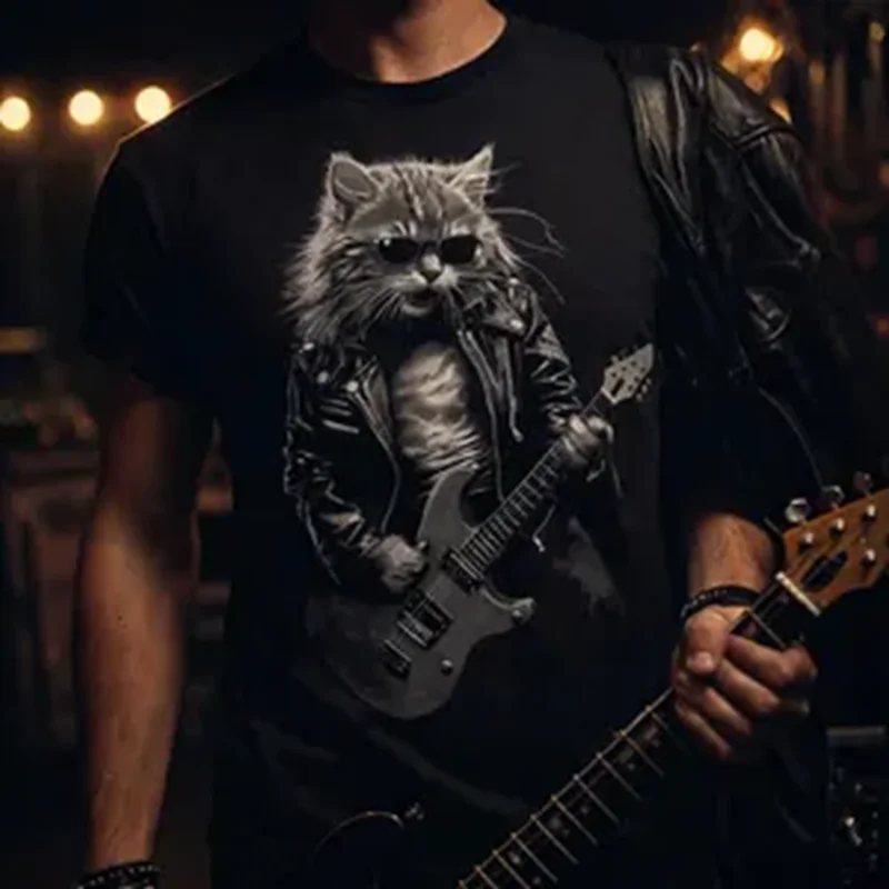 Rock Cat Playing Guitar Pattern Men's T-shirt 3D Guitarist Cat Print Short Sleeve T-shirt Fashion Cool Party Top Summer Clothing
