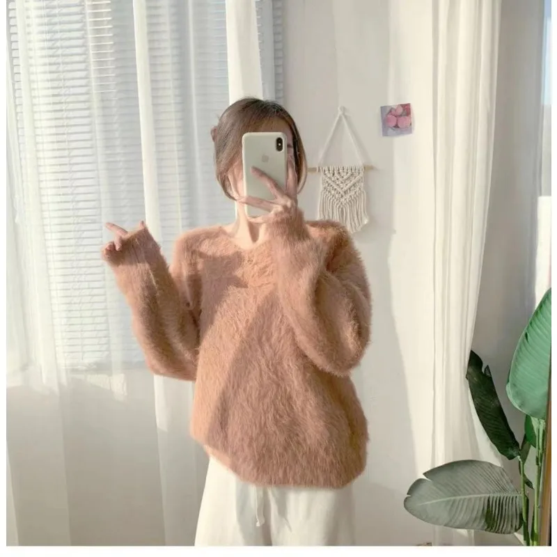 Women's 2026 Autumn Winter New Japanese Slouchy Soft Faux Mink V Neck Knit Pullover Sweater Coat Cashmere Chic Trendy  Jumper
