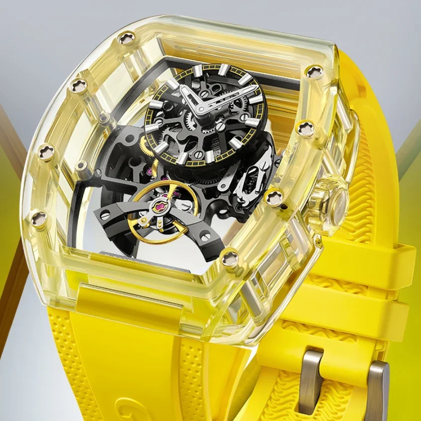 

BONEST GATTI Men Automatic Watch 45mm Tonneau Mechanical Wristwatch Acrylic Case Skeleton Sapphire Luminous Fluororubber Strap