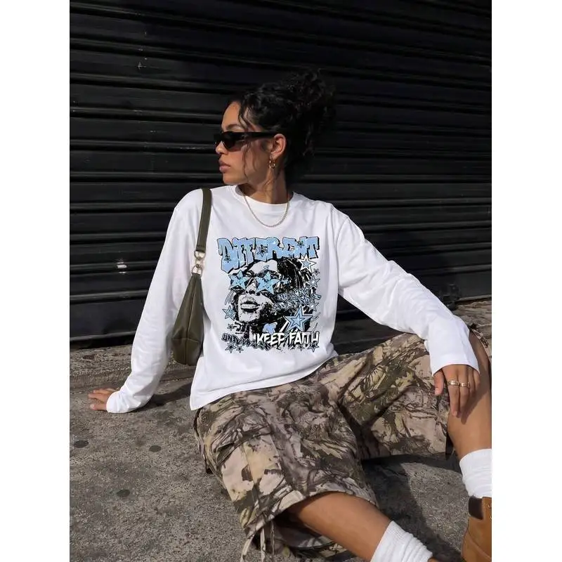 Women Different Keep Faith Y2K Star Portrait Graffiti Graphic Long Sleeve Tee Casual Crew Neck White Streetwear Top
