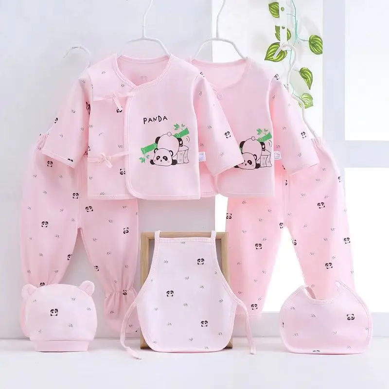 7Piece Sets Spring Autumn Newborn Girls Boy Clothes Cartoon Panda Cute Cotton Soft Tops+Pants+Hat+Bibs Baby Newborn Items BC1228