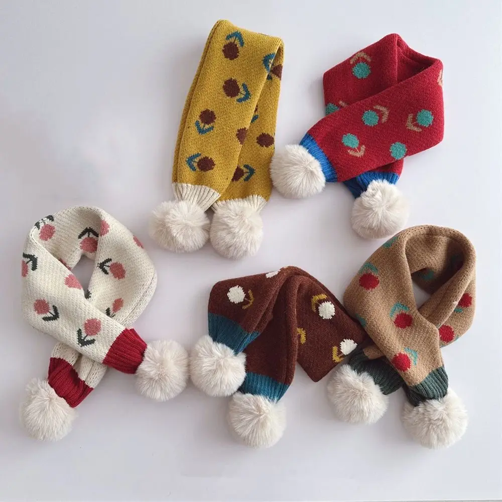 Jacquard Pattern Children Knitted Scarf Flower Print Pompon Kids Winter Neckerchief Windproof Thick Toddlers Warm Scarf