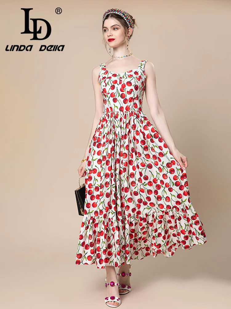 

LD LINDA DELLA Summer New Style Vintage party Dress Women's Suspender Splice Cherry Print Pure Cotton High waist Long Dress