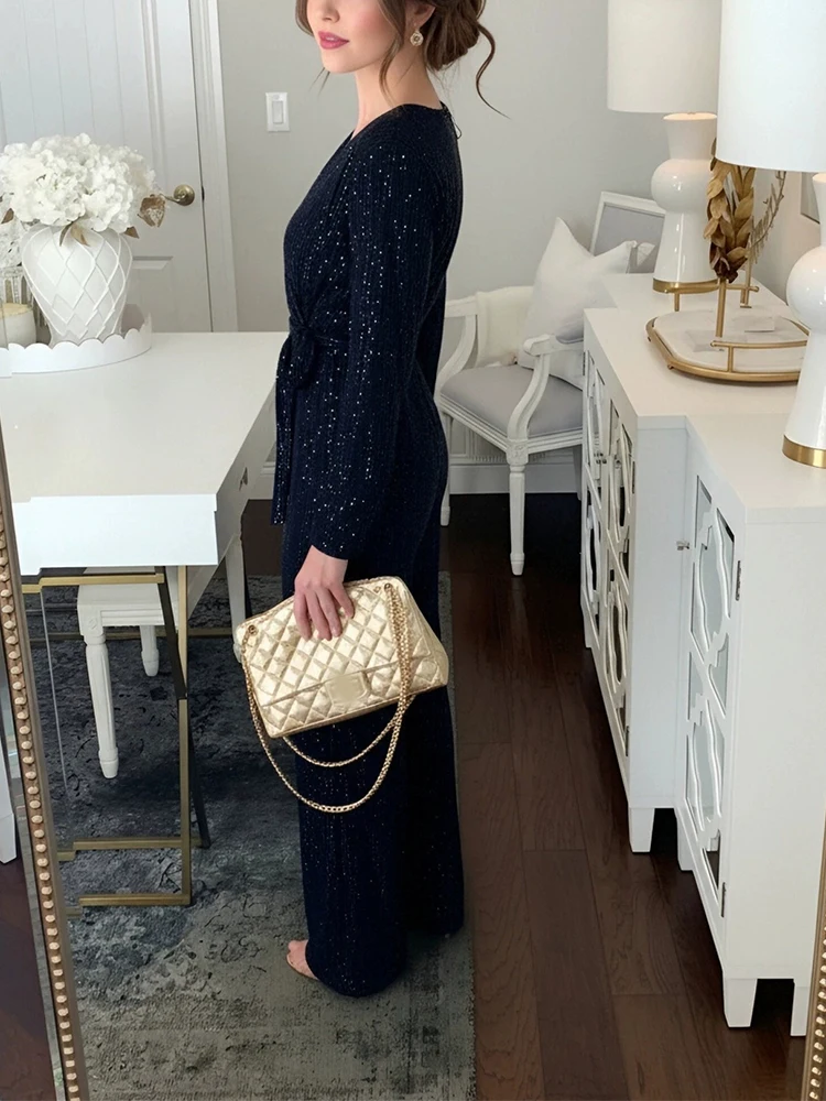 

Сексуальный комбинезон с V-образным вырезом и длинными рукавами для клубных вечеринок, женский модный комбинезон с бантом и шнуровкой, элегантный однотонный женский комбинезон для офиса на весну