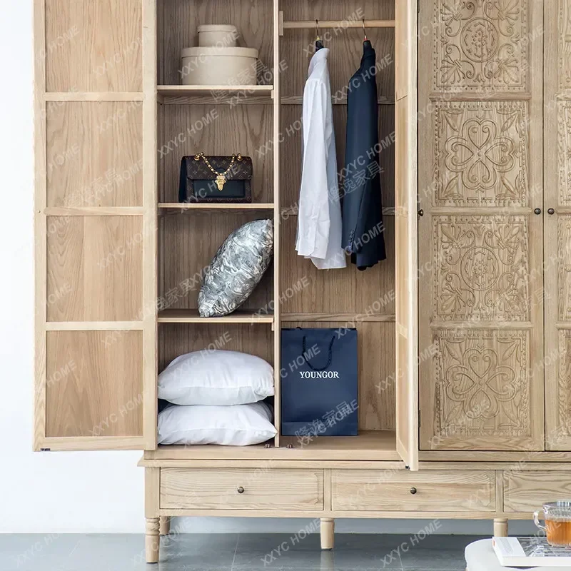 XSolid Wood Wardrobe Doors Armoire Carved Antique Storage Cabinet Vintage Bedroom Closet For Small Space