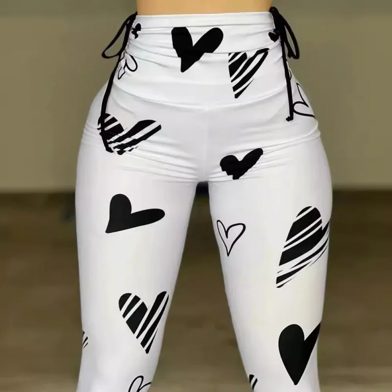 2023temuEurope and America Cross Border New Women's Clothing Drawstring Heart Printing Yoga Sports Hip Lifting Fitness Leggings