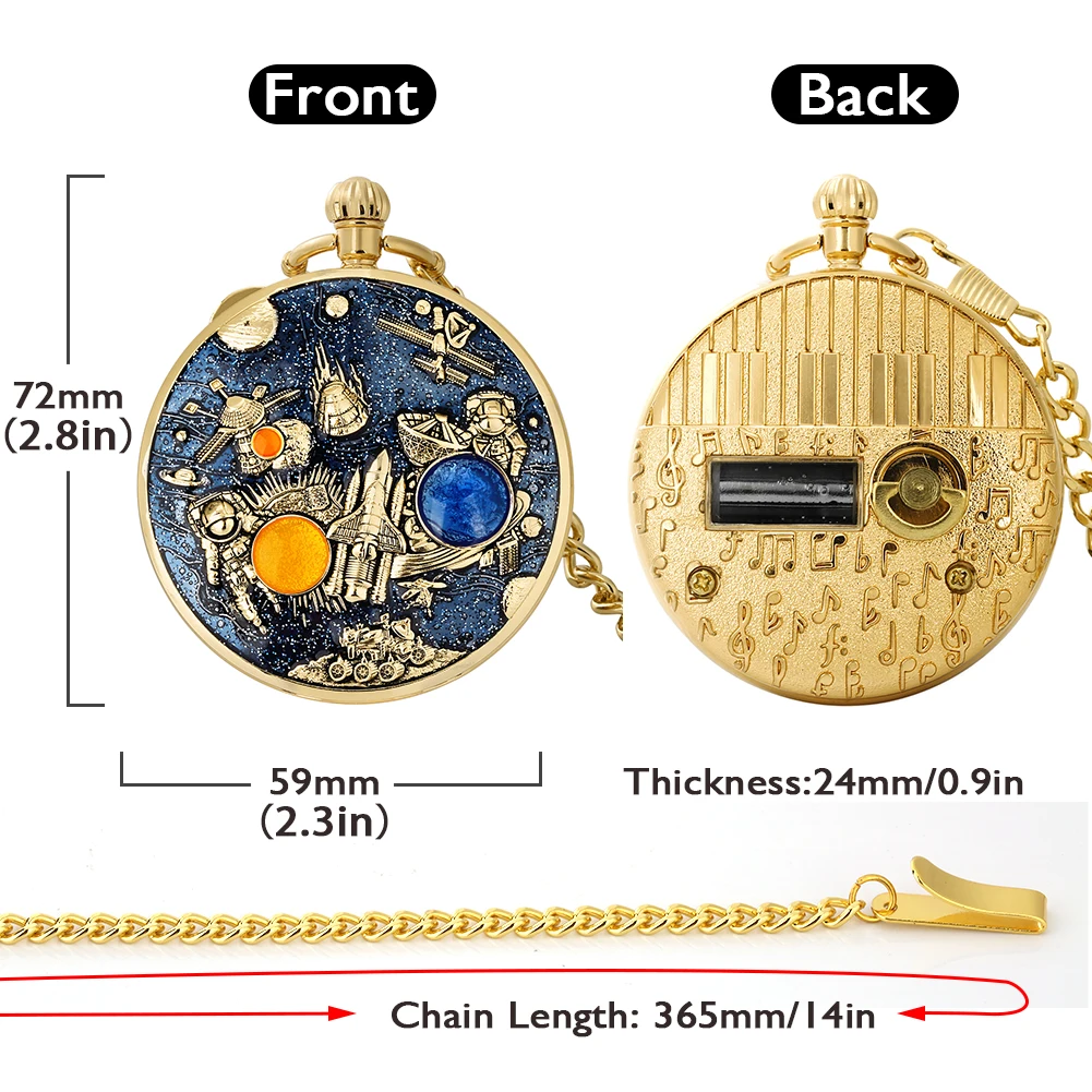 Luxury Golden Music Pocket Watch Black Epoxy Case Quartz Pendant Pocket Watches Musical Movement Hand Crank Playing Music Clocks