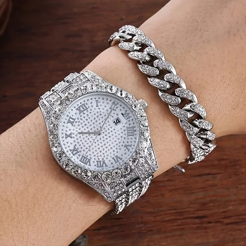 2pcs/set, Rhinestone Studded Calendar Ladies Quartz Watch And 1pc Rhinestone Jewelry Set