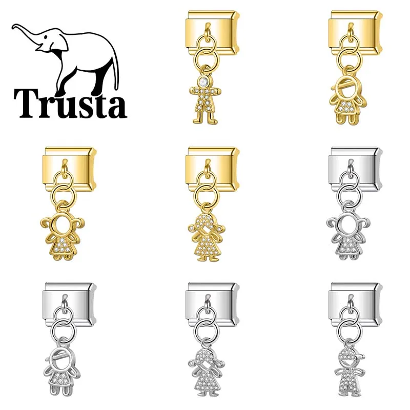 Trusta 2024 Fashion Golden Boy Girl CZ Charm Italian Links 9mm Stainless Steel Bracelet for Women DIY Jewelry Wholesale N167