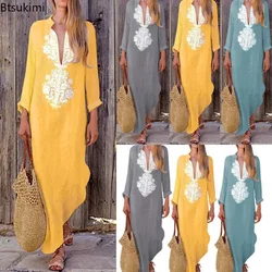 Frühlings-Sommerkleider für Damen, Baumwoll-Leinen, langärmliges Kleid mit V-Ausschnitt, geteilter Saum, Baggy-Kaftan, langes Kleid für Teenager