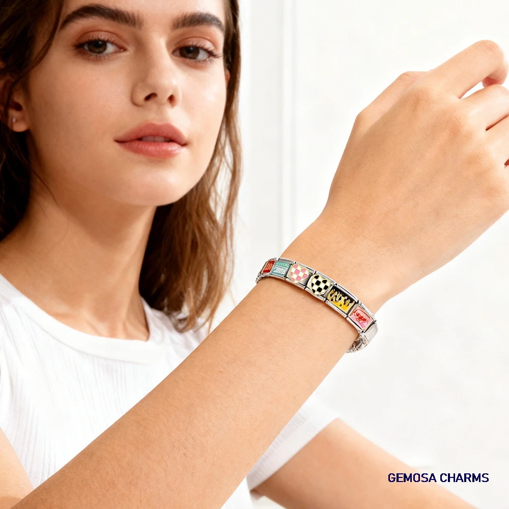 GEMOSA 9mm Gold Color Charm Link Stainless Steel Classic Skull Toy Gun Starfish Rubik's Cube Jewelry Making DIY Italian Bracelet