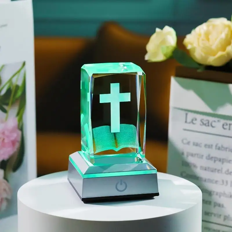 3D Crystal Cross on Bible Multicolor LED Light USB Charging Base Christian Collectible Table Decor Birthday Housewarming Gifts