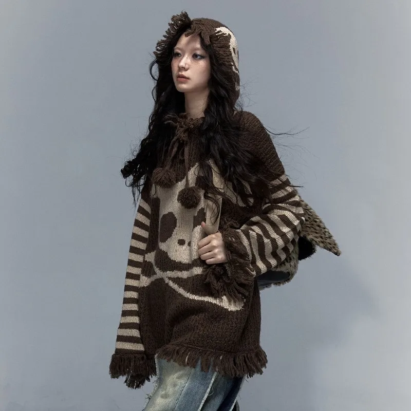 Karrcat Grunge Aesthetics DistMurcia Vintage Hooded Pullover, Wasteland Punk Skull Embroidery Knitwear, Gothic Y2k