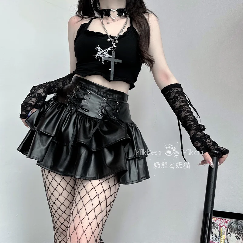 Gothic Dark Punk Ballet Style Sweet Cool Lolita Girl Camisole Skirt Cake Subculture Lacquer Skirt Set Cosplay Cosutmes