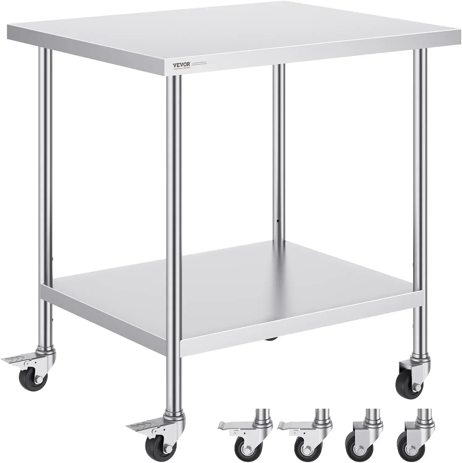 Stainless Steel Work Table 30 x 36 x 38 Inch, with 4 Wheels, 3 Adjustable Height Levels, Heavy Duty Food Prep Worktable for