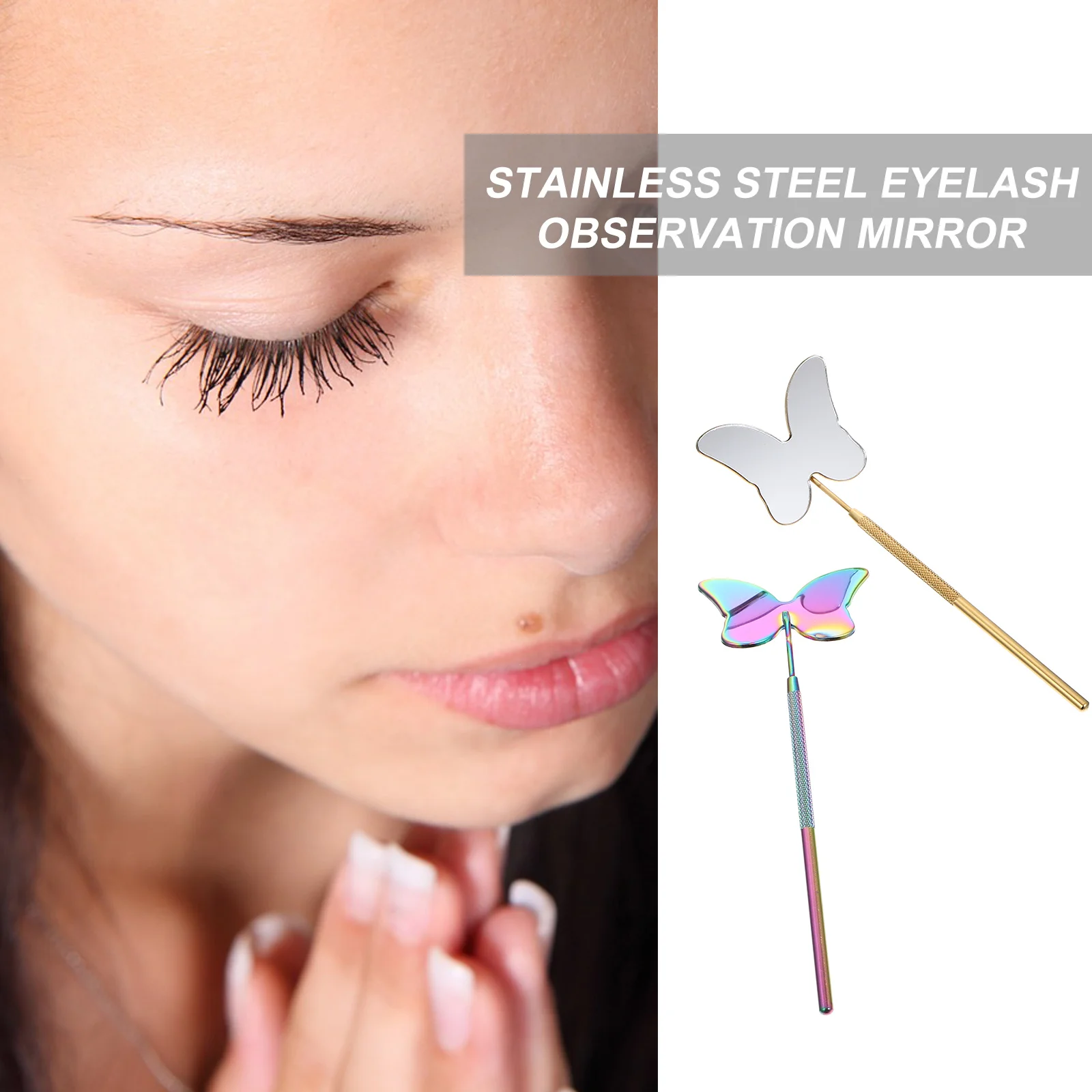 2 قطعة مرآة فحص الرموش من الفولاذ المقاوم للصدأ أداة تمديد الرموش مرآة محمولة غير قابلة للانزلاق لتمديد الرموش