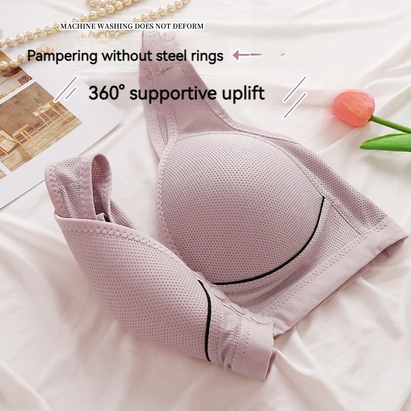 New large size gathered women\'s bra fixed sponge cups front button button type thin cup breathable non-steel ring underwear