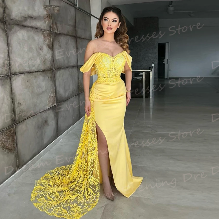 Vestido De Noche clásico De sirena para mujer, traje De encaje con hombros descubiertos, color amarillo, estilo moderno, encantador