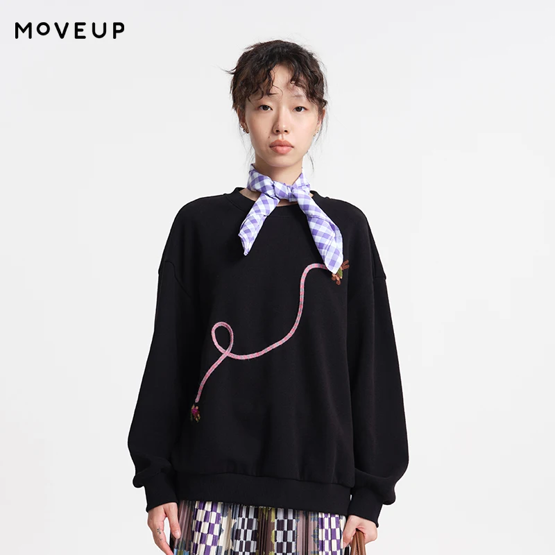 

MOVEUP Long Sleeved Round Neck Sweatshirt Winter Drop Sleeves Figure Lines Embroidered Fashion Commuter Top For Women 3EWD11444