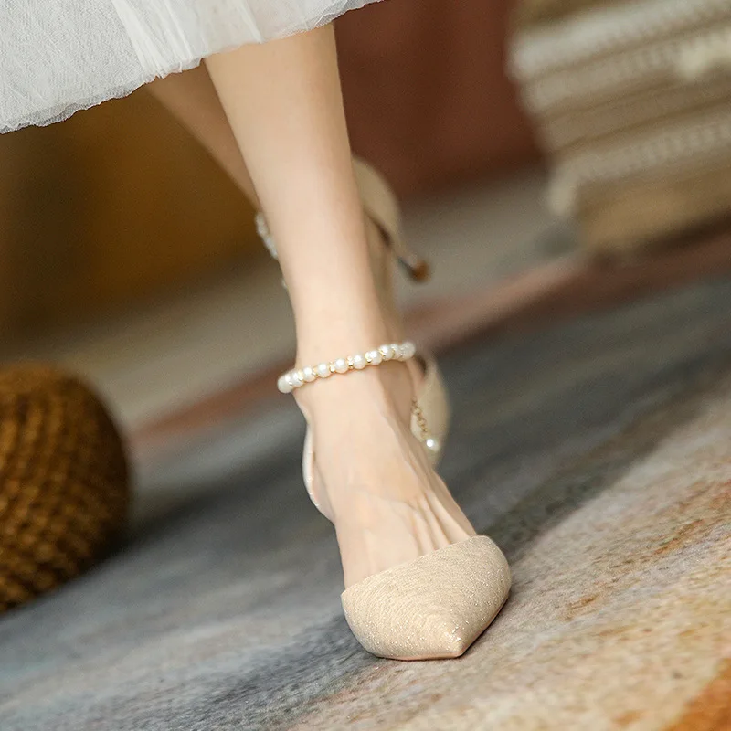 Catena di perle scarpe da sposa con perle a punta scarpe con tacco sottile scarpe da sposa con tacco alto sandali con cinturino alla caviglia per