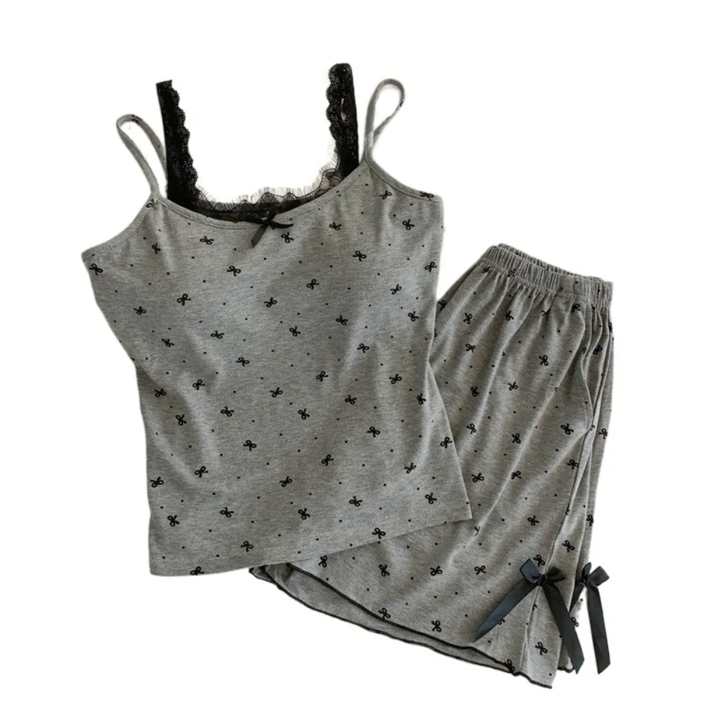 

Fashion Dot Lace Bowknot Pajama Suit with Pads Square Neck Two Pieces Nightwear Slim Fit Sleeveless Lace Sleepwear Sets Summer
