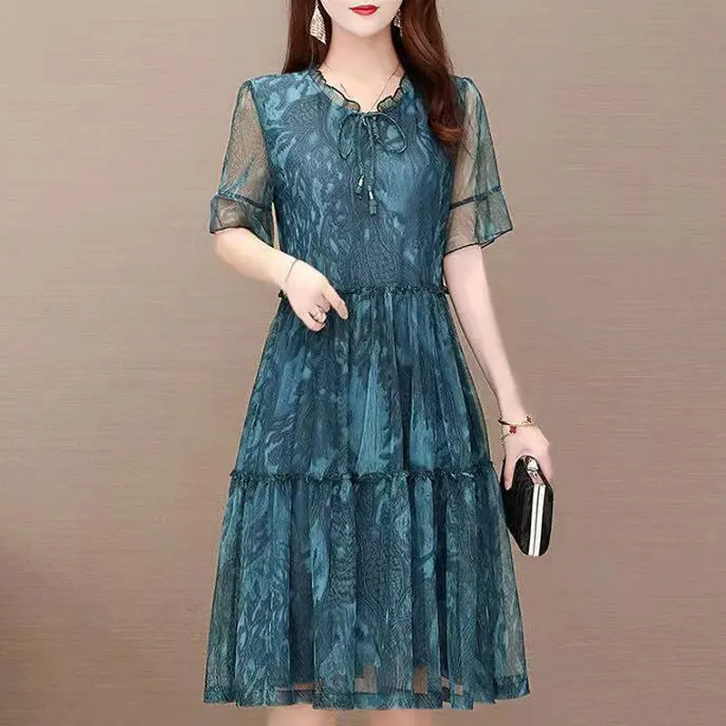 Vintage Printed Gauze Spliced Dresses Casual Drawstring Summer O-Neck Ruffles Female Clothing Fashion Short Sleeve Midi Dress
