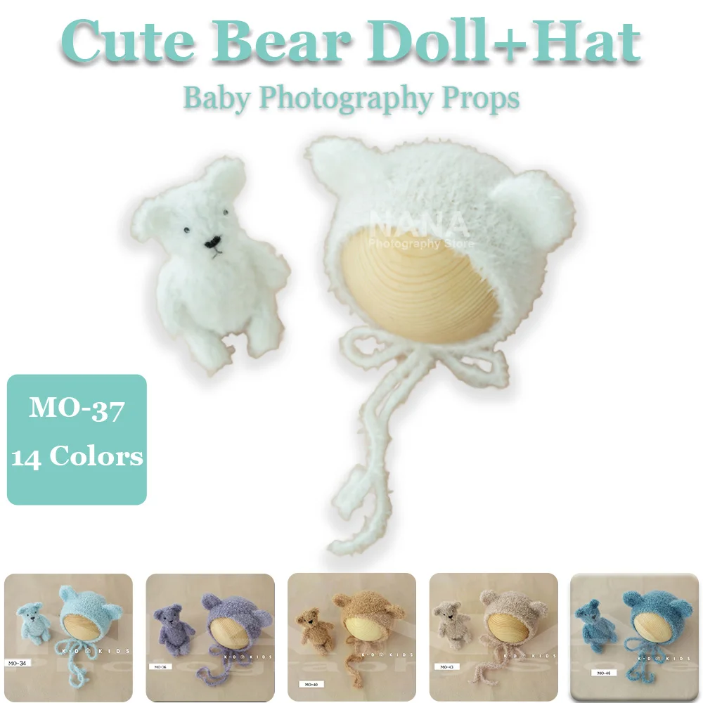 

Cute Knitted Hat+Teddy Bear Dolls Set Newborn Photography Props Handmade Cartoon Mini Wool Bear Toy Studio Photo Shoot Accessory